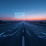 Futuristic long highway at dusk with subtle algorithmic trading charts integrated into the road, glowing GPS navigation overlay, symbolizing AlgoColony as a trading co-pilot. Clean, modern fintech style.