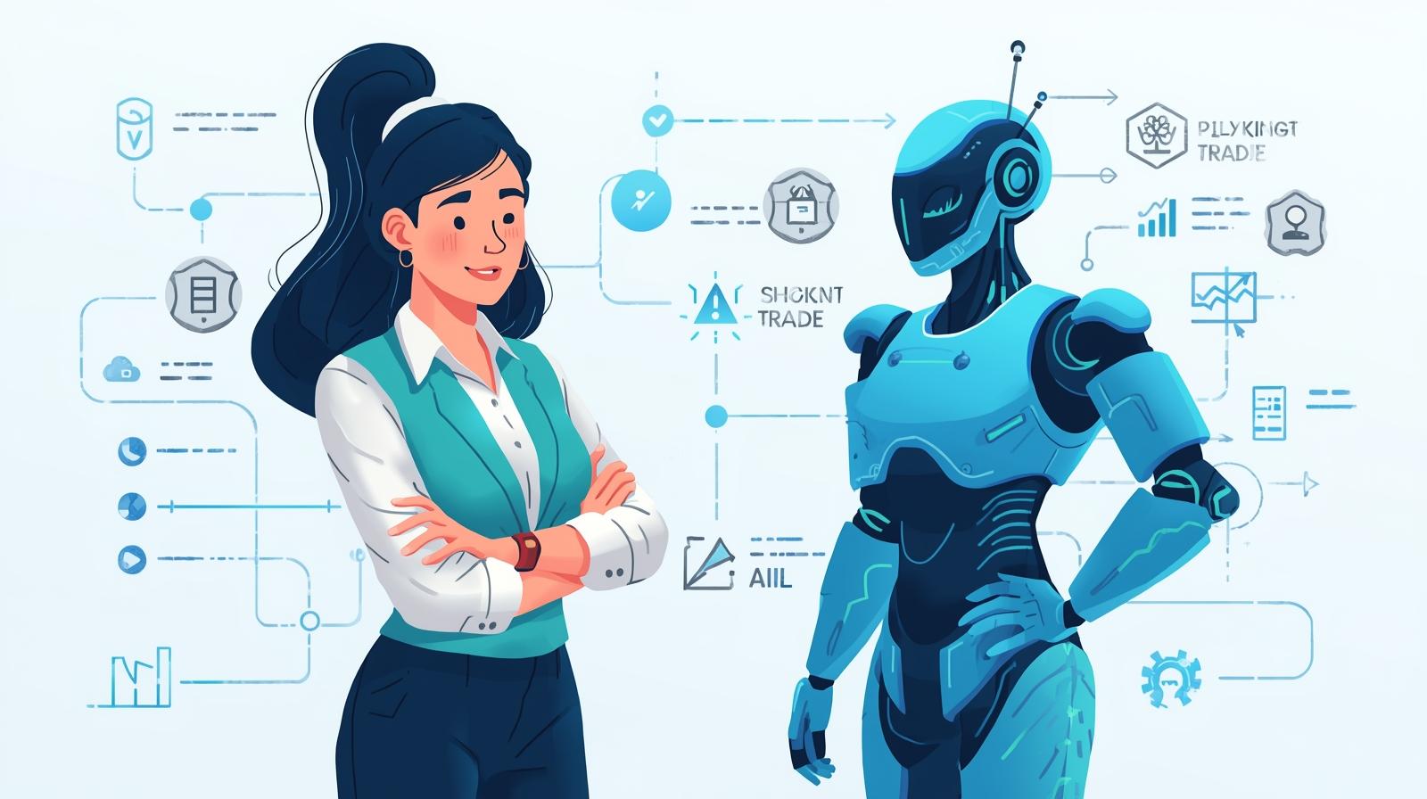 Illustration showing a human trader and a trading bot side by side, with flow logic nodes and actions representing automated and manual trading.