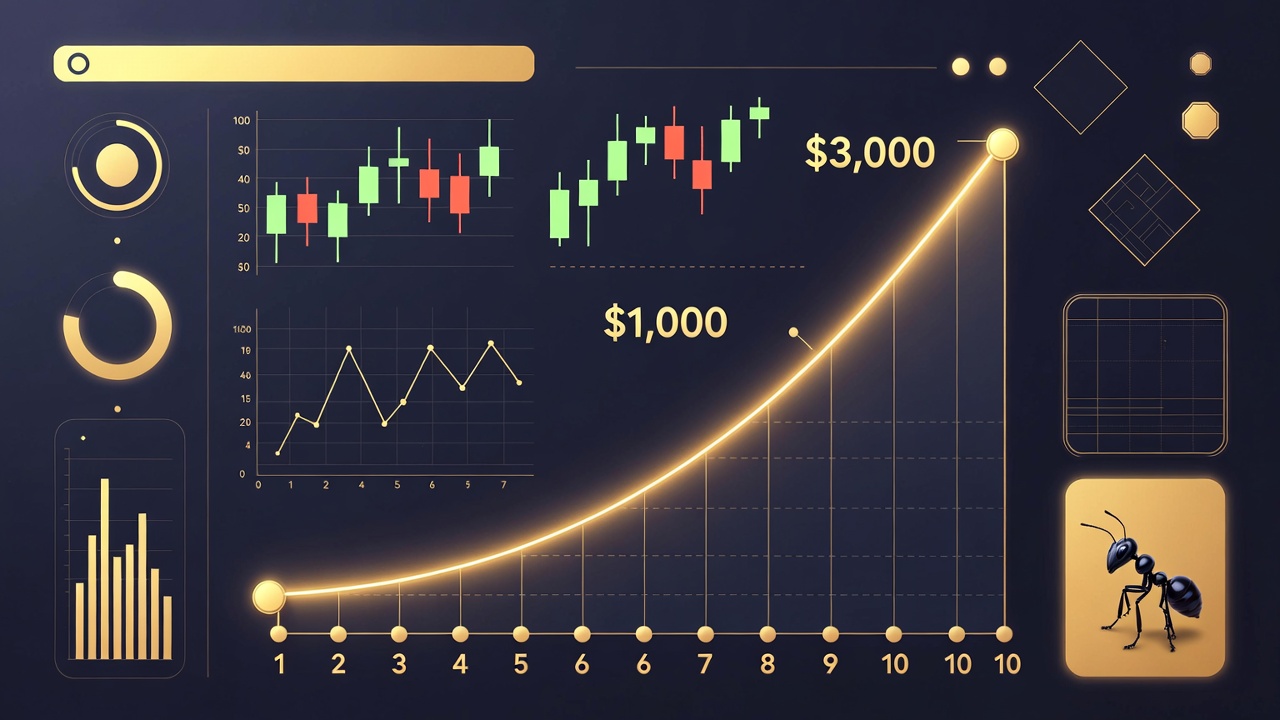 Modern dark blue and gold illustration of automated trading success: smooth exponential equity curve growing from $1,000 to $3,000, surrounded by candlestick charts and trading panels, featuring a small working ant and AlgoColony branding to highlight consistency and long-term algorithmic performance.