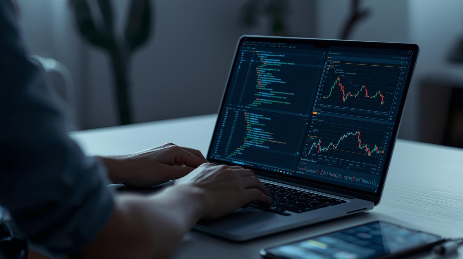 Visual representation of automated trading strategies running on a laptop while a professional works remotely. algo trading strategies for side hustlers